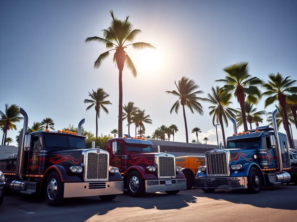 A photograph of a row of customized trucks at a truck meet in Orlando, Florida, with palm trees in the background, under a sunny sky.