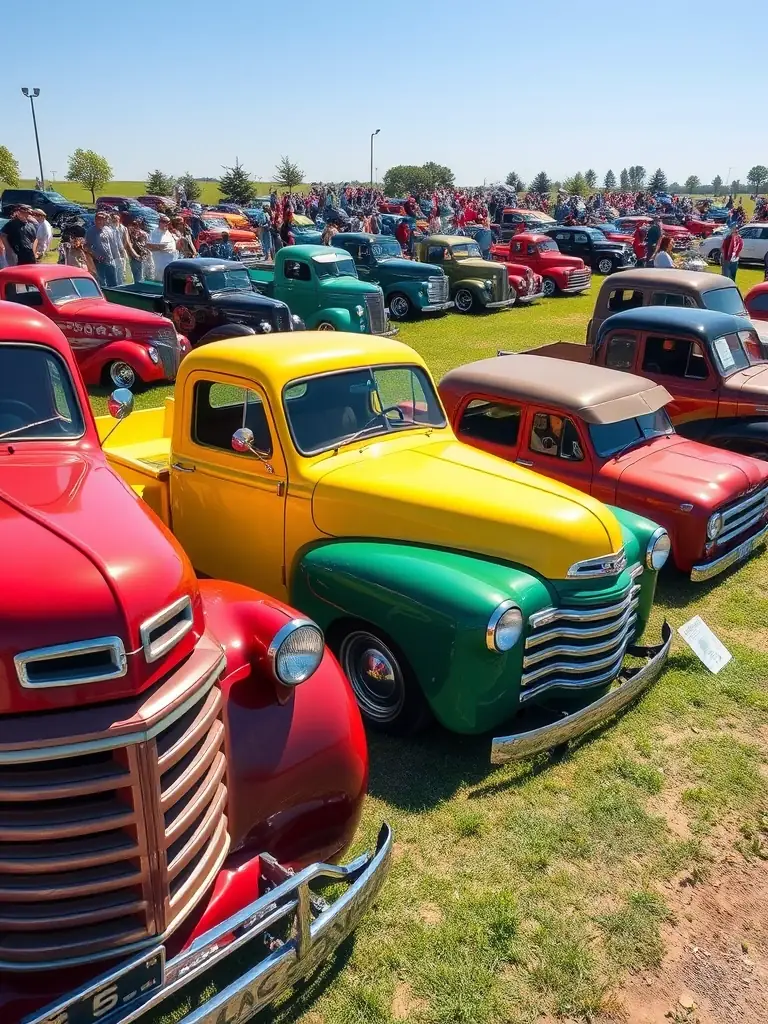 A photograph capturing a collection of vintage and classic trucks at a truck meet, highlighting their restored conditions, original designs, and historical significance, evoking a sense of nostalgia and appreciation for automotive heritage.