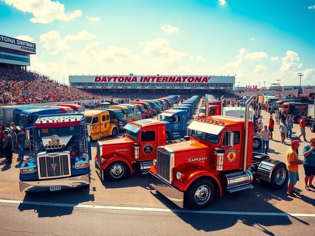 A high-energy photograph capturing the excitement of a truck meet at Daytona International Speedway, with trucks lined up and crowds of people enjoying the event.