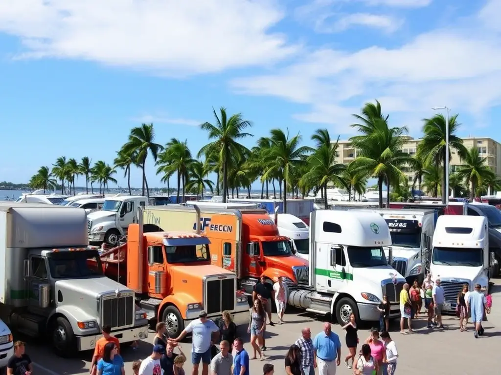 A photograph capturing the vibrant atmosphere of a truck meet in West Palm Beach, Florida, with trucks parked along the waterfront and people mingling.